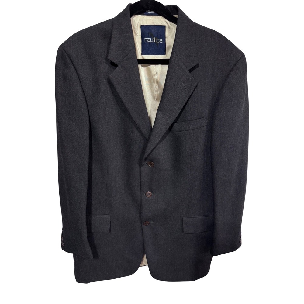 Nautica 100% Wool 42L Blazer Formal Business Men's 3-Button Suit Jacket Charcoal